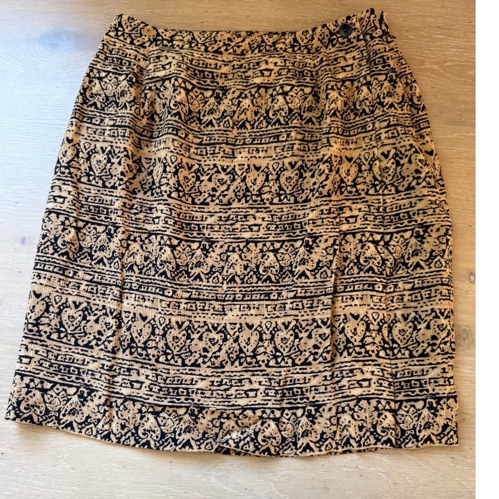 Jones New York Petite 6P Silk Pencil Skirt Tan Black Tribal Geometric Print 100%